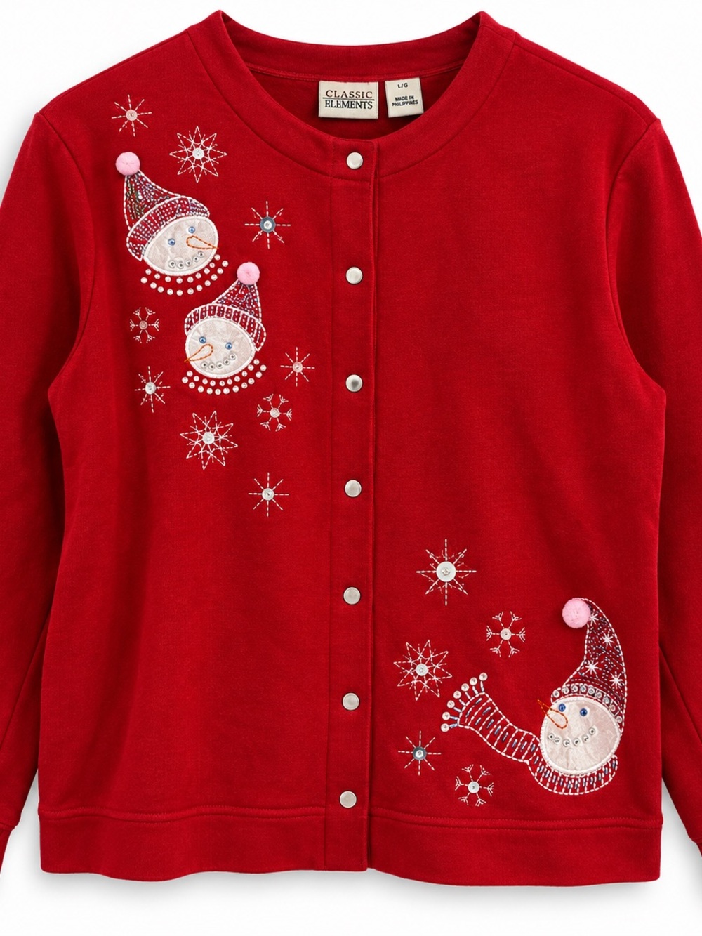 Classic Elements Vintage Y2K Christmas Cardigan L Red Snowman Holiday Sweater